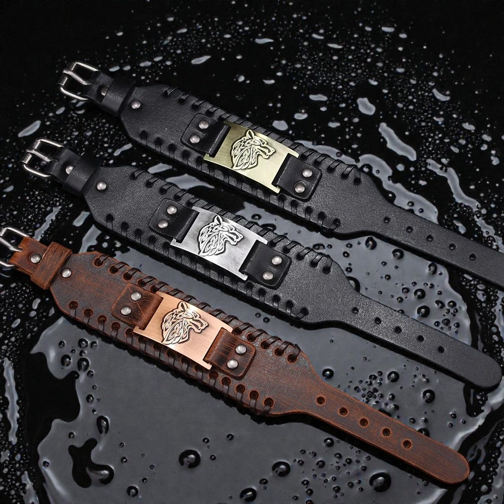 Bracelet loup nordique en cuir
