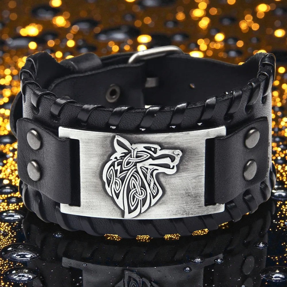 Bracelet loup nordique en cuir